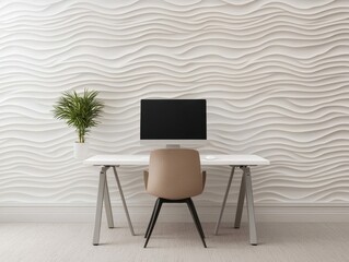 A modern workspace featuring a sleek desk, chair, monitor, and decorative plant against a textured, wavy white wall.