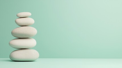A serene arrangement of smooth stones stacked vertically against a soft mint green background, symbolizing balance and tranquility.