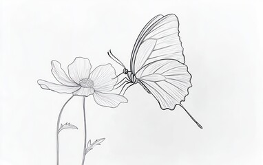 Obraz premium Minimalist line art a butterfly landing on a flower, with soft curves forming the petals and wings