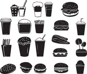 Fast food set silhouette vector black and white 