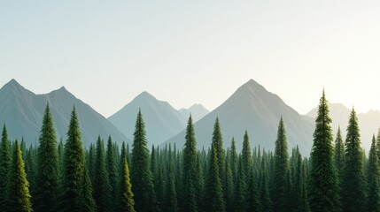 Fototapeta premium A serene landscape featuring towering mountains behind lush evergreen trees under a clear sky.