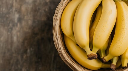 Fresh bananas in a woven basket on a wooden table