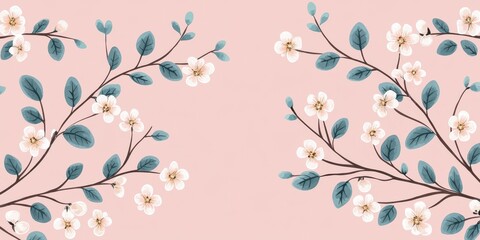 A delicate floral pattern featuring soft pink backgrounds adorned with white flowers and green leaves, creating a serene and elegant aesthetic.