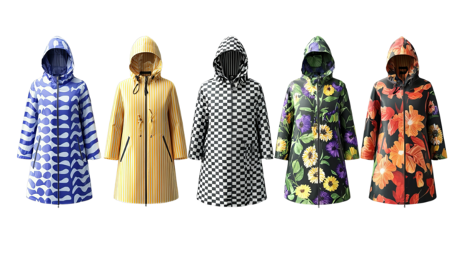 Png of Stylish Women's Raincoats with Trendy Patterns – Floral, Striped, Checkered, and Abstract Designs on transparent background.