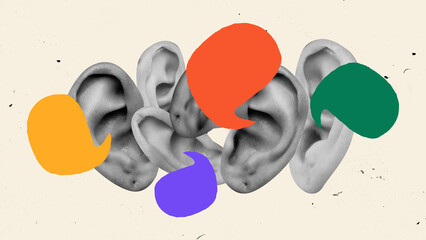 Conceptual artwork. Large ears surrounded by floating colorful speech bubbles against textured...