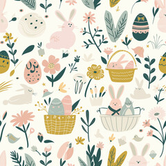 A seamless pattern of Easter icons in a minimal flat style