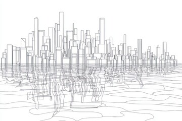 Minimalist line art a cityscape at dusk, with reflections in water forming abstract geometric shapes