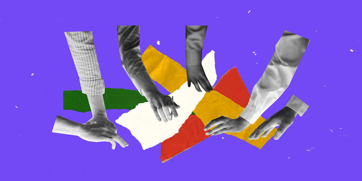 Conceptual art collage. Business hands reaching towards colorful papers against purple background. Concept of business conference, teamwork, collaboration, problem-solving, creative strategy.