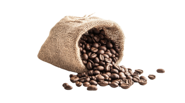 coffee beans in sack isolated on white background