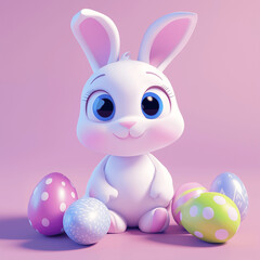A 3D-rendered, ultra-clean and smooth animated-style bunny sitting next to colorful pastel Easter eggs