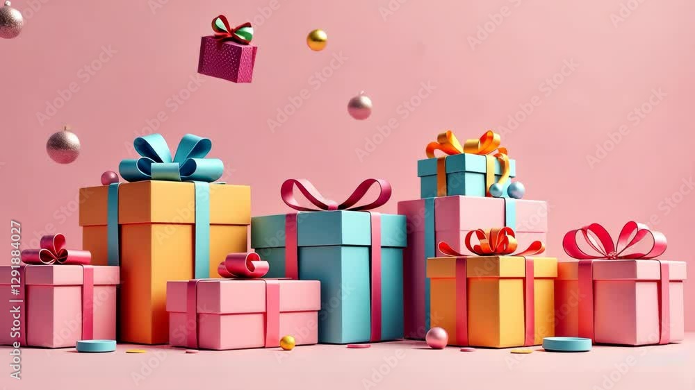 Aufkleber A stack of colorful boxes with pink bows on them. The boxes are of different sizes and colors