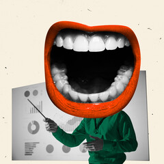 Modern art collage. Business professional with oversized mouth, with aggressive expression presenting data. Concept of corporate presentation, leadership, speech, business growth, communication.