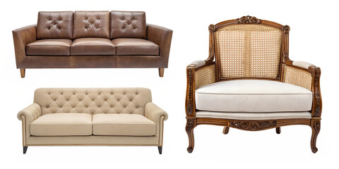 Sofa and chair on white, cozy living room seating arrangement, Cut Out