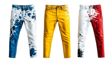 Png of Trendy Paint-Splattered Jeans – Colorful Artistic Denim Pants for Fashion Enthusiasts on transparent background.