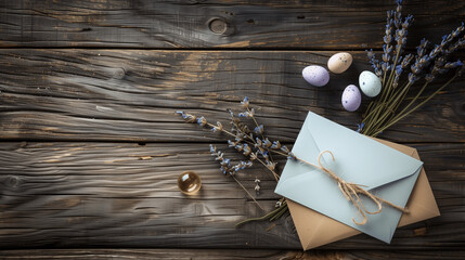 A charming Easter greeting card resting on a rustic wooden table 2