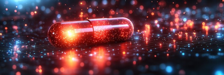Modern graphic layout showcasing a glowing red capsule against a digital backdrop