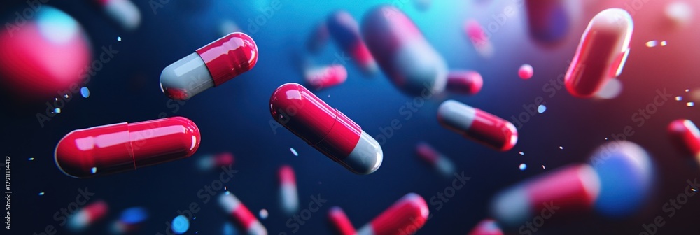 Poster cascading red and white capsules create a dynamic visual in the digital health space