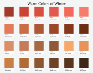 Color Palettes 24 Warm Shades of Winter - Maroon, Red, Brown Colors - with HEX Codes and Names, Colour Scheme and Combinations