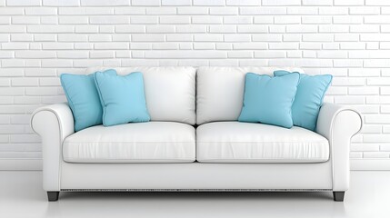 White Sofa with Light Blue Pillows Against White Brick Wall