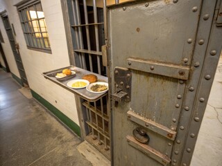 A prison cell door with a food tray outside, showcasing a stark and institutional environment typical of correctional facilities.