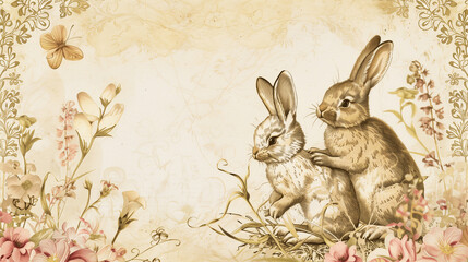 A collection of vintage-style Easter postcards with retro bunny illustrations, ornate floral borders,