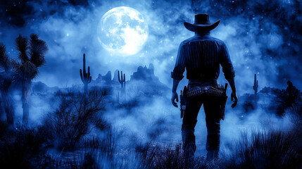 American Cowboy Silhouette in Misty Wild West Desert Under Full Moon.