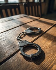 A close-up of handcuffs resting on a wooden table, suggesting themes of law enforcement, restraint, and justice.