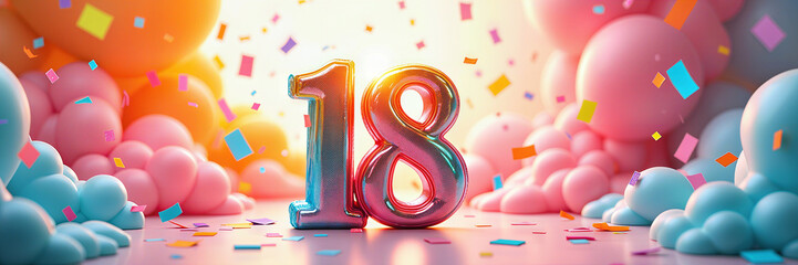 Greeting card for 18 years. Celebrate with vibrant balloons and confetti in a festive atmosphere.