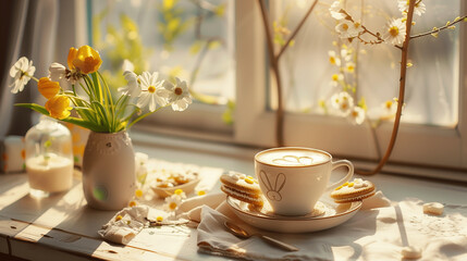 A cozy caf&eacute; scene featuring a white ceramic coffee mug with bunny-shaped latte art, a plate of Easter-themed cookies, and a pastel floral arrangement..png