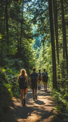 Obraz premium A group of hikers enjoy a sunny summer walk along a leafy forest trail, surrounded by tall trees and lush greenery.