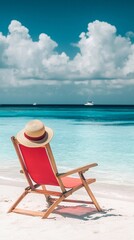 A red deck chair with straw hat faces the serene turquoise ocean under a clear sky, evoking tranquility and relaxation.