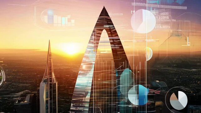 A sleek skyscraper in a futuristic city, with digital data visualizations and graphs, symbolizing advanced technology and analytics at sunset.
