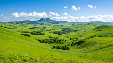 Naklejka premium Rolling green hills, distant mountain, sunny day, pastoral landscape, nature background