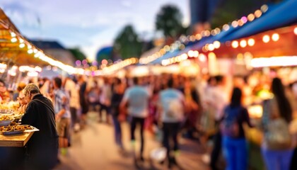 Blurred Background of a Vibrant Food Festival Scene – Lively Crowds Gathered Around Various Food Stalls, Enjoying Delicious Dishes and a Festive Atmosphere in an Outdoor Market