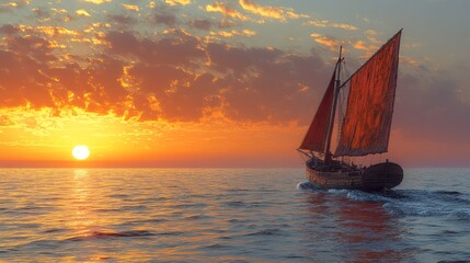 Fototapeta premium Sunset sailboat ocean voyage dramatic sky travel