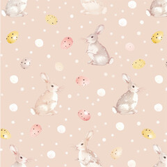 A pastel polka dot Easter pattern featuring tiny hand-drawn bunnies and eggs, set against a delicate blush pink backdrop. Vintage-inspired, soft watercolor accents, seamless and festive, hd quality, n