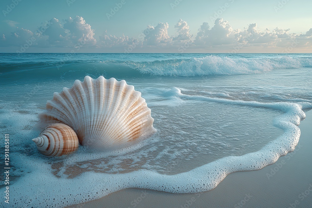 Poster surreal coastal view featuring a large seashell emerging from gentle ocean waves