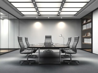 A modern - styled office space featuring a black conference table, chairs, and glass partitions, great for business meetings, corporate events, and modern - office - design - related visual concepts.