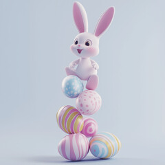 A playful 3D animated-style bunny carefully balancing on top of a wobbly stack of oversized pastel Easter eggs