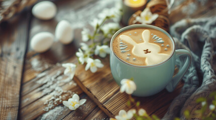 A cozy caf&eacute; scene featuring a white ceramic coffee mug with bunny-shaped latte art, a plate of Easter-themed cookies, and a pastel floral arrangement..png