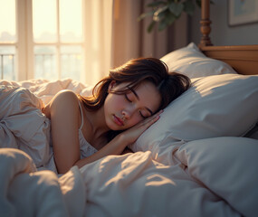 Headline: "A peaceful sleep in a cozy bedroom under the soft morning light