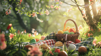 A rustic Easter picnic set in a sunny meadow