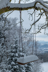Frosty snow on old wooden swing near winter forest