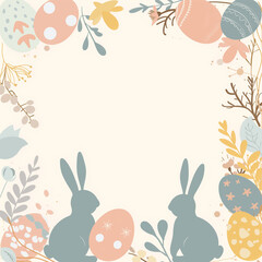 A trendy Easter social media frame with a blank central space, surrounded by modern flat-design bunny silhouettes, decorated eggs, and a floral wreath. 3.png