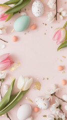 A sleek Instagram story template for Easter promotions, featuring a minimalistic pastel frame adorned with watercolor eggs, blooming tulips, and a subtle gold foil accent..png
