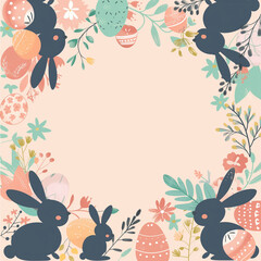 A trendy Easter social media frame with a blank central space, surrounded by modern flat-design bunny silhouettes, decorated eggs, and a floral wreath. 3.png