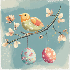 Cartolina pasquale in stile retro, illustrazione di coniglietti e uova decorative con tocchi vintage, palette di colori pastello e composizione armoniosa. Layout creativo e dettagliato, alta qualit&agrave; 2