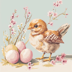 Cartolina pasquale in stile retro, illustrazione di coniglietti e uova decorative con tocchi vintage, palette di colori pastello e composizione armoniosa. Layout creativo e dettagliato, alta qualit&agrave;