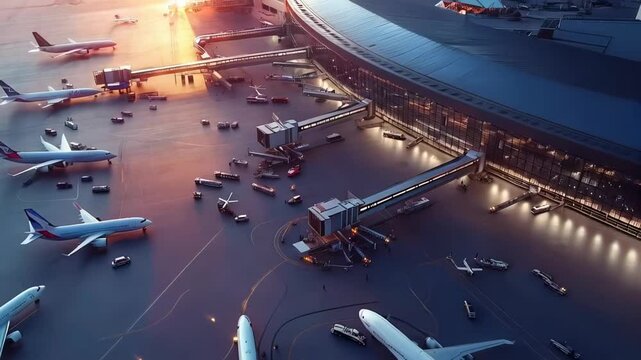 Multiple airplanes standing idle at airport gate, sunlight warming surroundings, preparing for departure with golden morning glow illuminating busy aviation scene