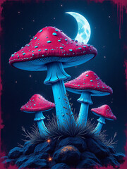 Surreal digital artwork of glowing bioluminescent mushrooms under a luminous full moon, creating a mystical and otherworldly atmosphere.
